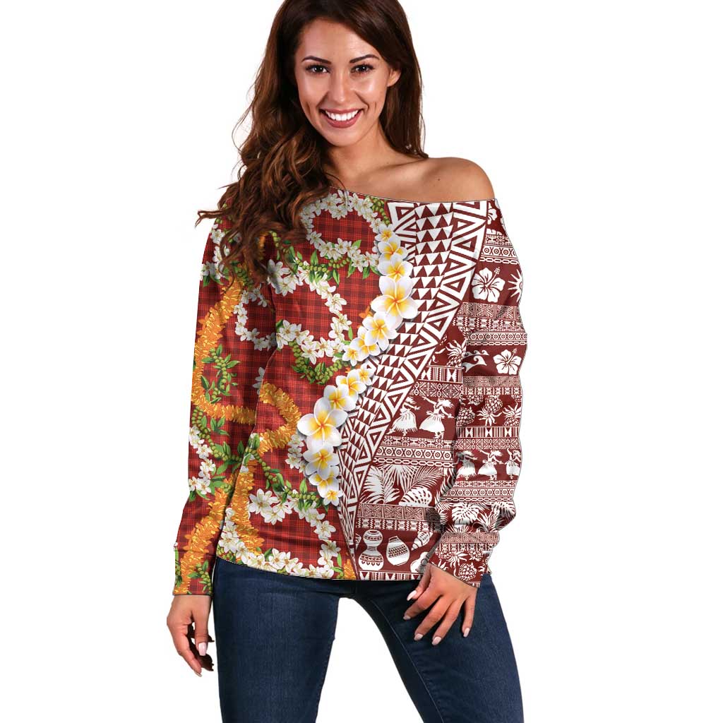 Hawaiian Plumeria Lei Off Shoulder Sweater Kakau Motifs and Palaka Half Style Red Color - Polynesian Pride