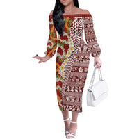 Hawaiian Plumeria Lei Off The Shoulder Long Sleeve Dress Kakau Motifs and Palaka Half Style Red Color - Polynesian Pride