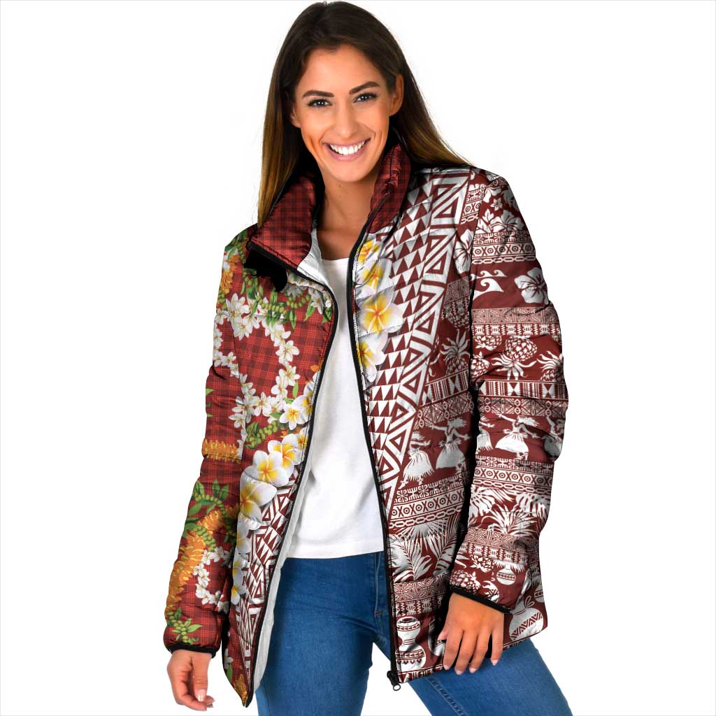 Hawaiian Plumeria Lei Padded Jacket Kakau Motifs and Palaka Half Style Red Color - Polynesian Pride