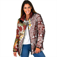 Hawaiian Plumeria Lei Padded Jacket Kakau Motifs and Palaka Half Style Red Color - Polynesian Pride