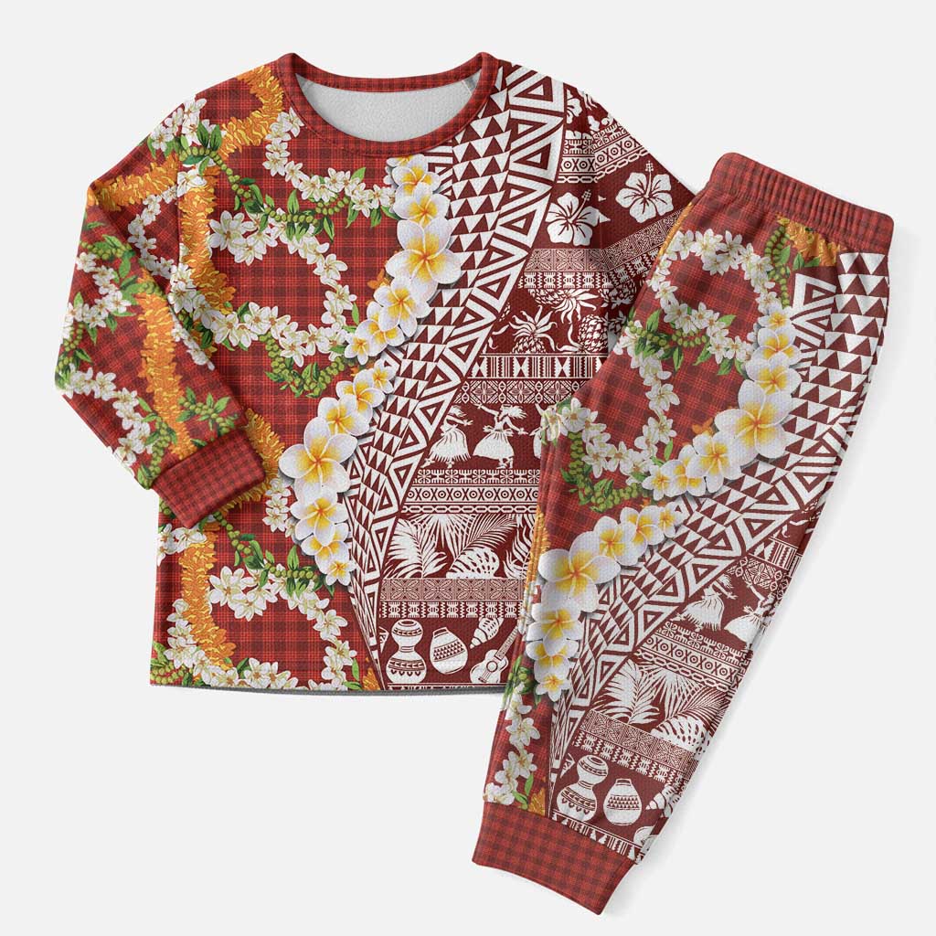 Hawaiian Plumeria Lei Christmas Pajama Set Kakau Motifs and Palaka Half Style Red Color - Polynesian Pride