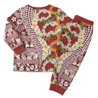 Hawaiian Plumeria Lei Christmas Pajama Set Kakau Motifs and Palaka Half Style Red Color - Polynesian Pride