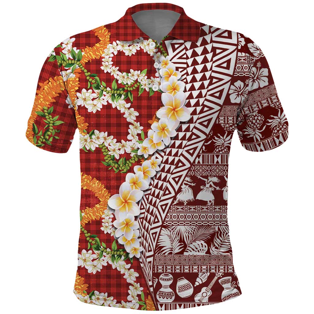 Hawaiian Plumeria Lei Polo Shirt Kakau Motifs and Palaka Half Style Red Color - Polynesian Pride