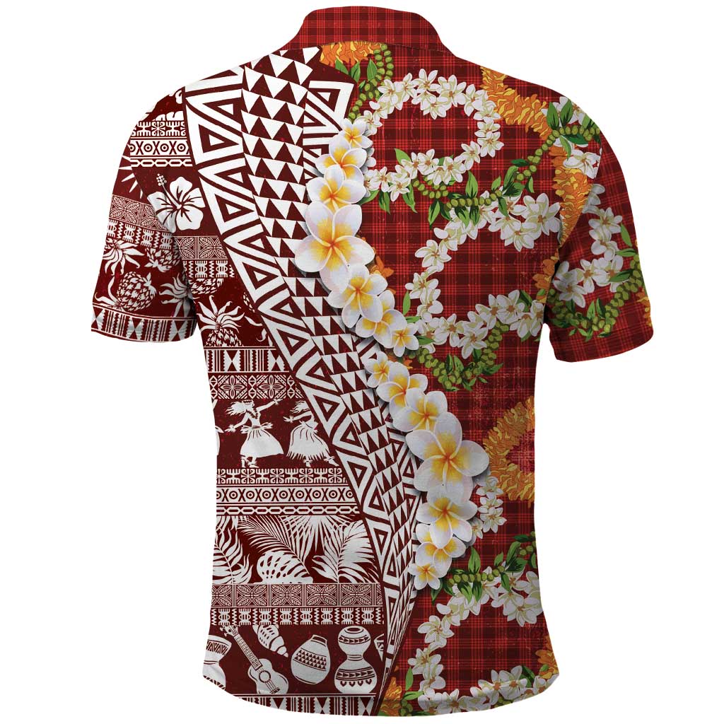 Hawaiian Plumeria Lei Polo Shirt Kakau Motifs and Palaka Half Style Red Color - Polynesian Pride
