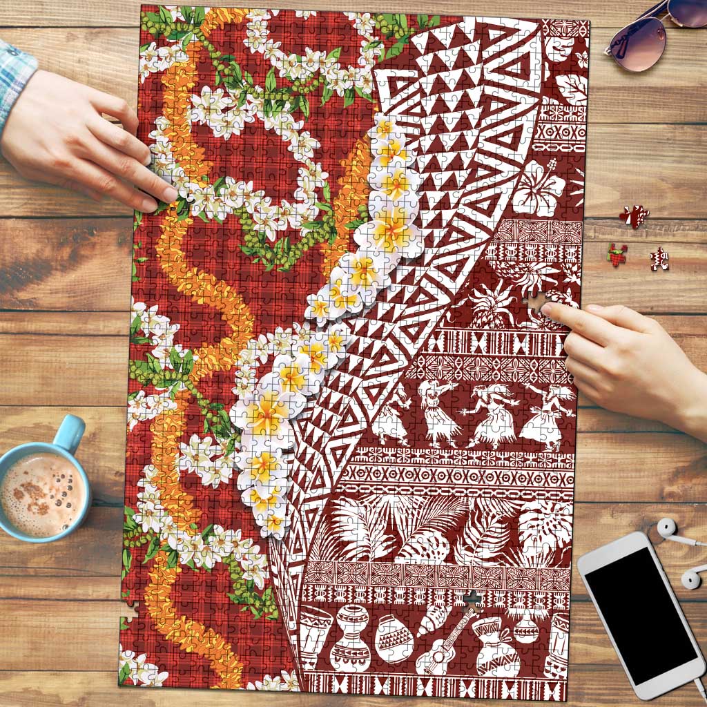 Hawaiian Plumeria Lei Puzzle Kakau Motifs and Palaka Half Style Red Color - Polynesian Pride
