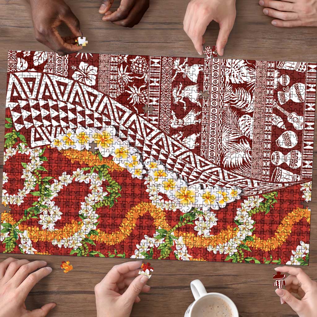 Hawaiian Plumeria Lei Puzzle Kakau Motifs and Palaka Half Style Red Color - Polynesian Pride