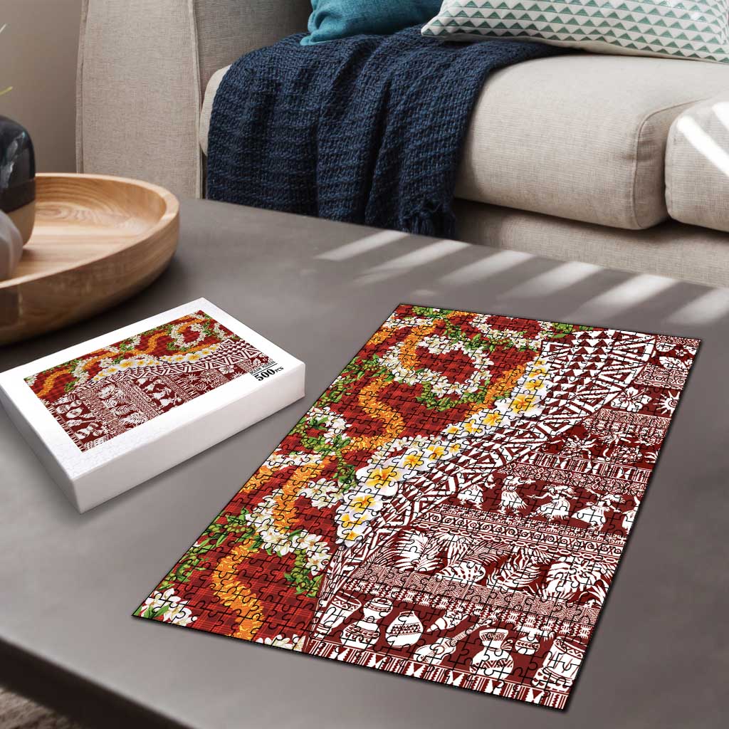 Hawaiian Plumeria Lei Puzzle Kakau Motifs and Palaka Half Style Red Color - Polynesian Pride