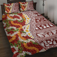 Hawaiian Plumeria Lei Quilt Bed Set Kakau Motifs and Palaka Half Style Red Color - Polynesian Pride