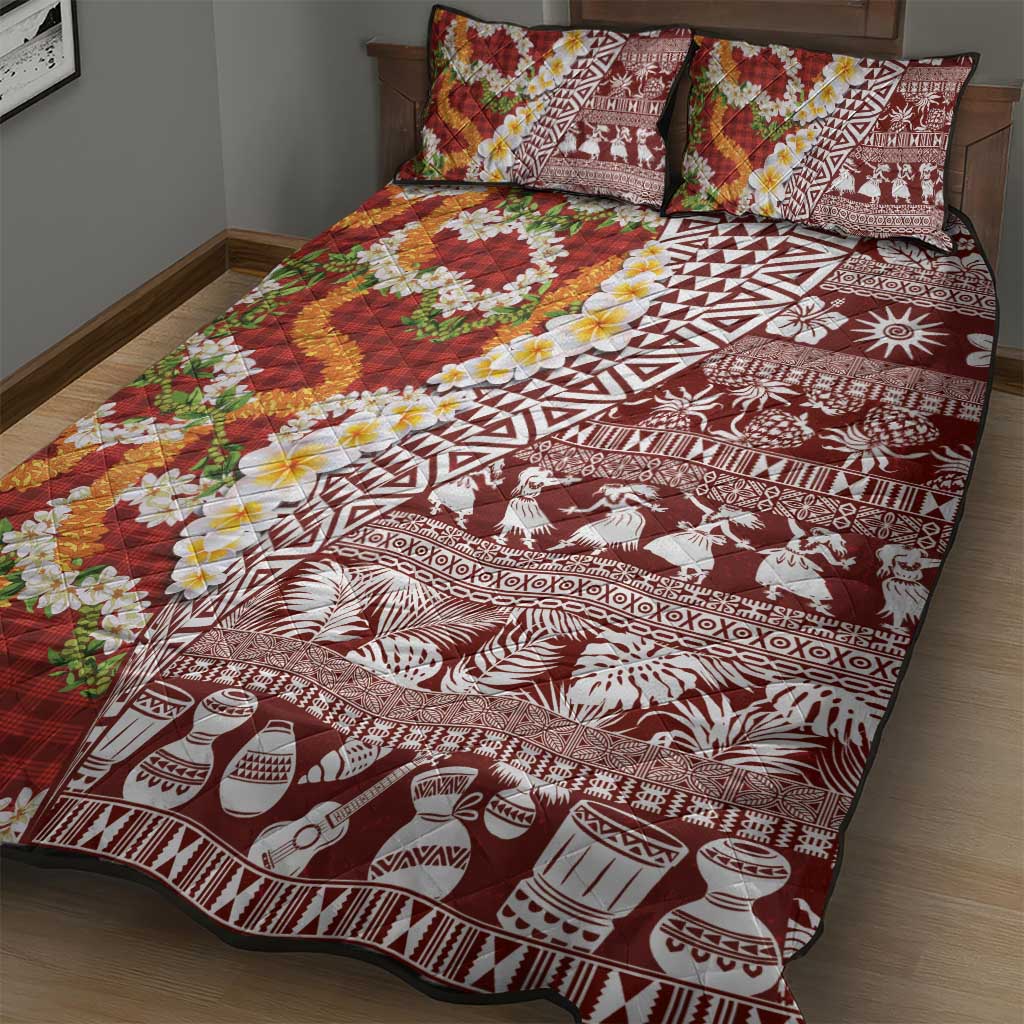 Hawaiian Plumeria Lei Quilt Bed Set Kakau Motifs and Palaka Half Style Red Color - Polynesian Pride