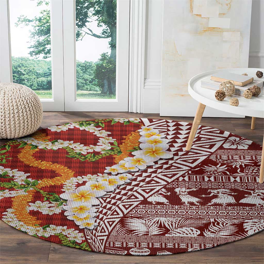 Hawaiian Plumeria Lei Round Carpet Kakau Motifs and Palaka Half Style Red Color - Polynesian Pride