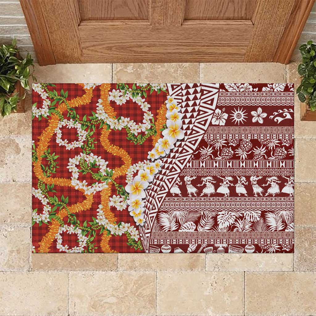 Hawaiian Plumeria Lei Rubber Doormat Kakau Motifs and Palaka Half Style Red Color - Polynesian Pride