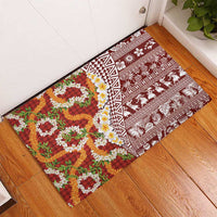 Hawaiian Plumeria Lei Rubber Doormat Kakau Motifs and Palaka Half Style Red Color - Polynesian Pride