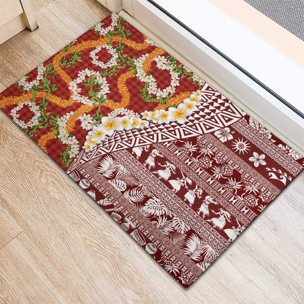 Hawaiian Plumeria Lei Rubber Doormat Kakau Motifs and Palaka Half Style Red Color - Polynesian Pride