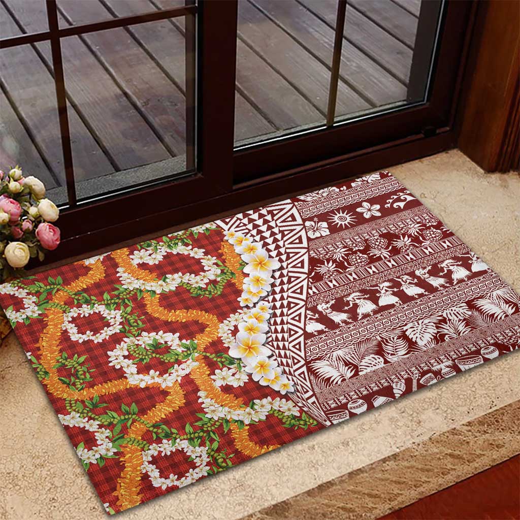 Hawaiian Plumeria Lei Rubber Doormat Kakau Motifs and Palaka Half Style Red Color - Polynesian Pride