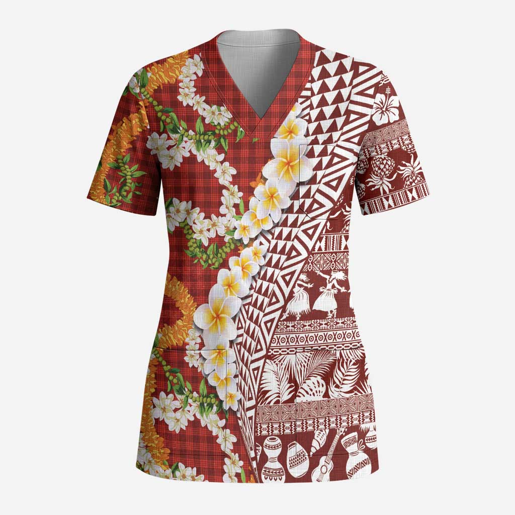 Hawaiian Plumeria Lei Scrub Top Kakau Motifs and Palaka Half Style Red Color - Polynesian Pride