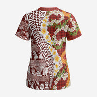 Hawaiian Plumeria Lei Scrub Top Kakau Motifs and Palaka Half Style Red Color - Polynesian Pride