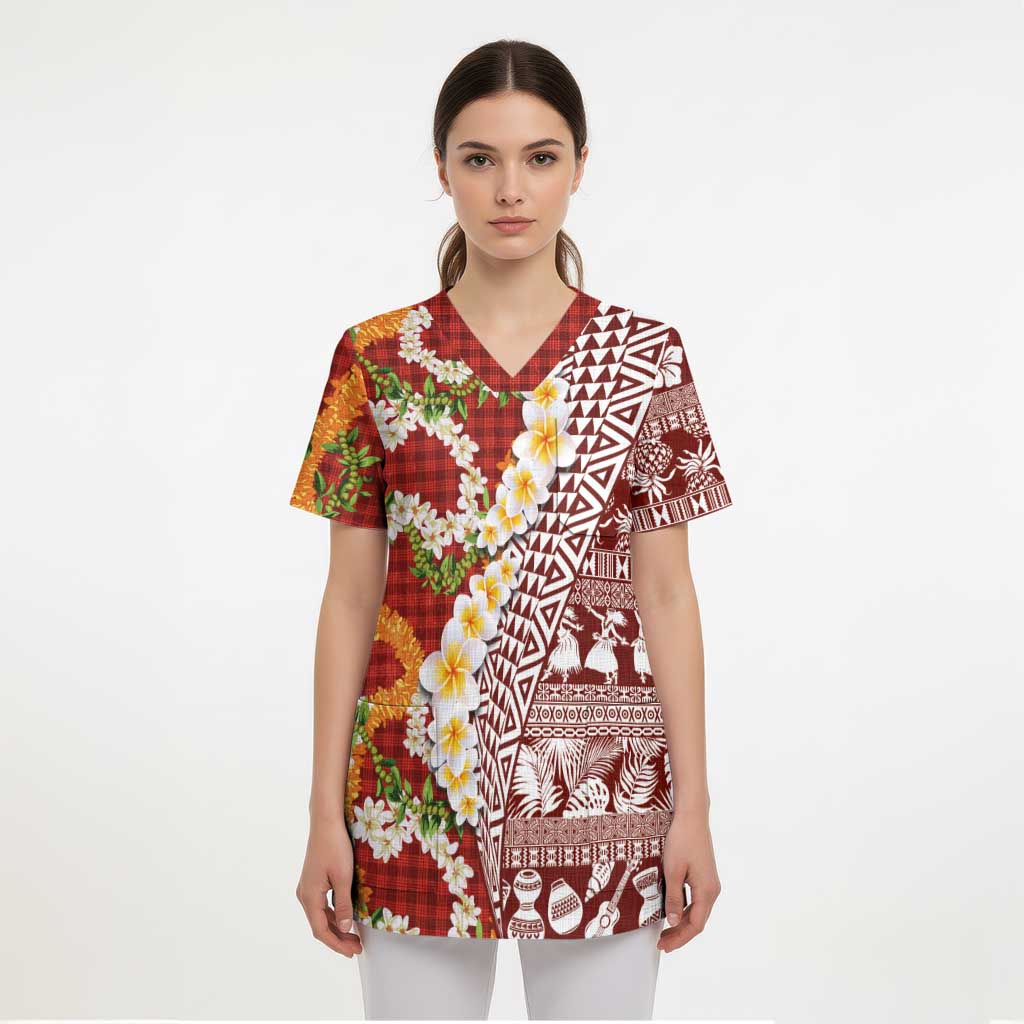 Hawaiian Plumeria Lei Scrub Top Kakau Motifs and Palaka Half Style Red Color - Polynesian Pride