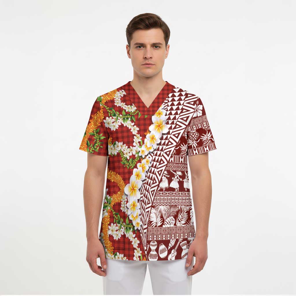 Hawaiian Plumeria Lei Scrub Top Kakau Motifs and Palaka Half Style Red Color - Polynesian Pride