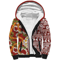 Hawaiian Plumeria Lei Sherpa Hoodie Kakau Motifs and Palaka Half Style Red Color - Polynesian Pride