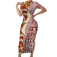 Hawaiian Plumeria Lei Short Sleeve Bodycon Dress Kakau Motifs and Palaka Half Style Red Color - Polynesian Pride