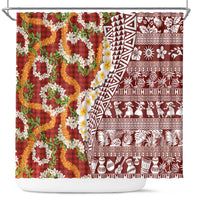 Hawaiian Plumeria Lei Shower Curtain Kakau Motifs and Palaka Half Style Red Color - Polynesian Pride