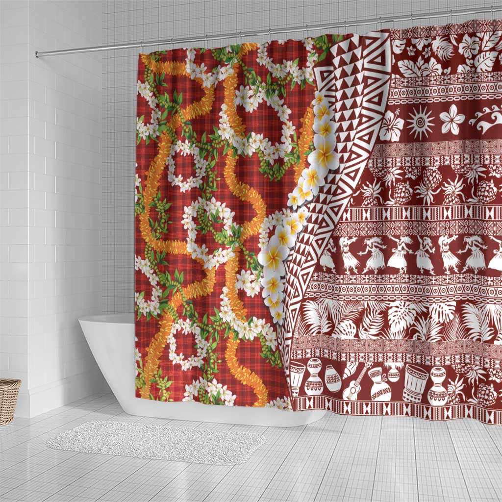 Hawaiian Plumeria Lei Shower Curtain Kakau Motifs and Palaka Half Style Red Color - Polynesian Pride