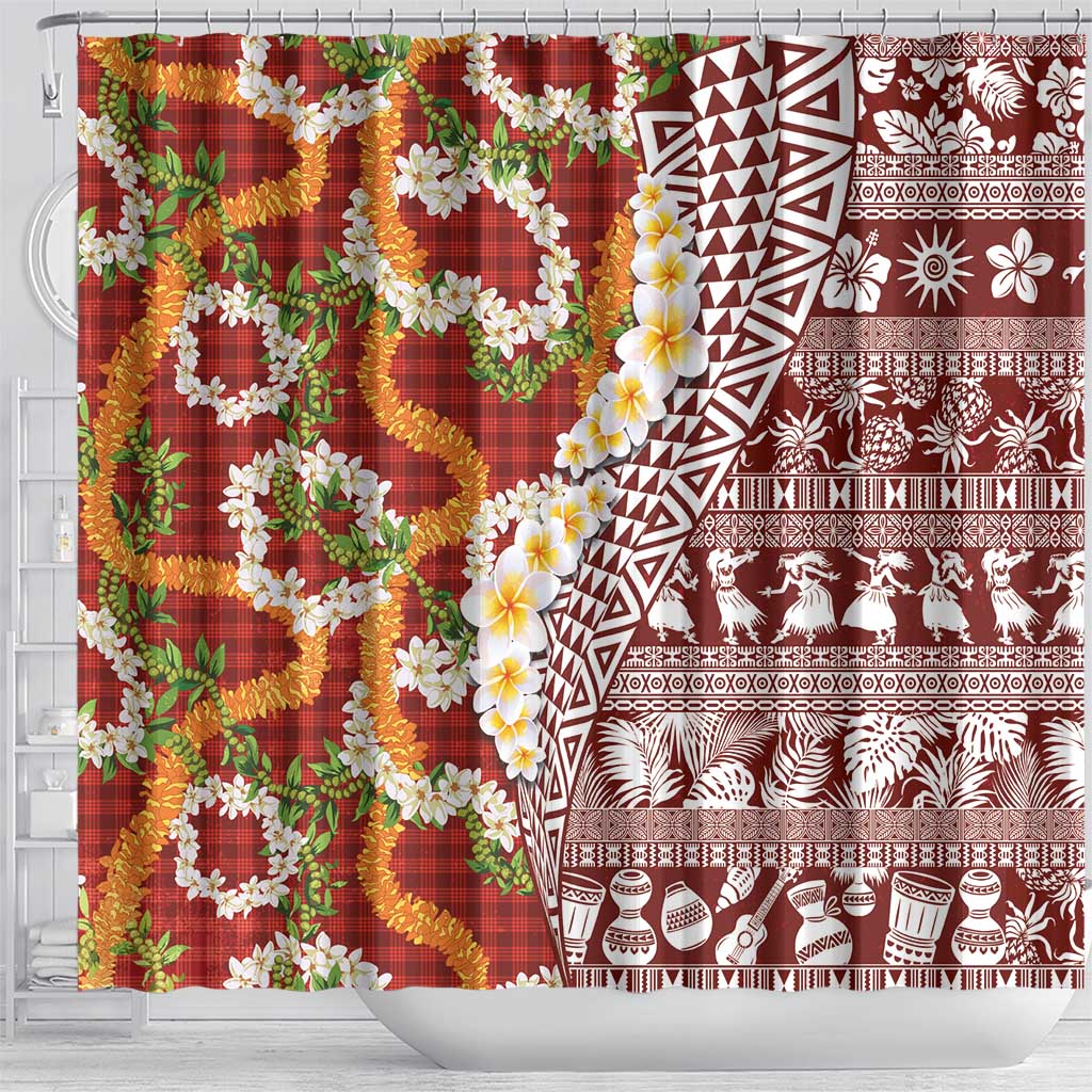 Hawaiian Plumeria Lei Shower Curtain Kakau Motifs and Palaka Half Style Red Color - Polynesian Pride