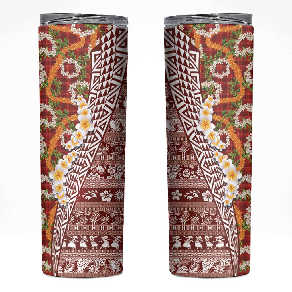 Hawaiian Plumeria Lei Skinny Tumbler Kakau Motifs and Palaka Half Style Red Color - Polynesian Pride