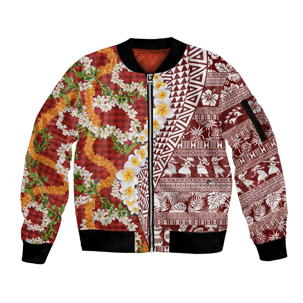 Hawaiian Plumeria Lei Sleeve Zip Bomber Jacket Kakau Motifs and Palaka Half Style Red Color - Polynesian Pride