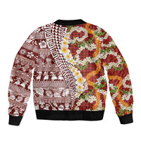 Hawaiian Plumeria Lei Sleeve Zip Bomber Jacket Kakau Motifs and Palaka Half Style Red Color - Polynesian Pride