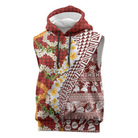 Hawaiian Plumeria Lei Sleeveless Hoodie Kakau Motifs and Palaka Half Style Red Color - Polynesian Pride