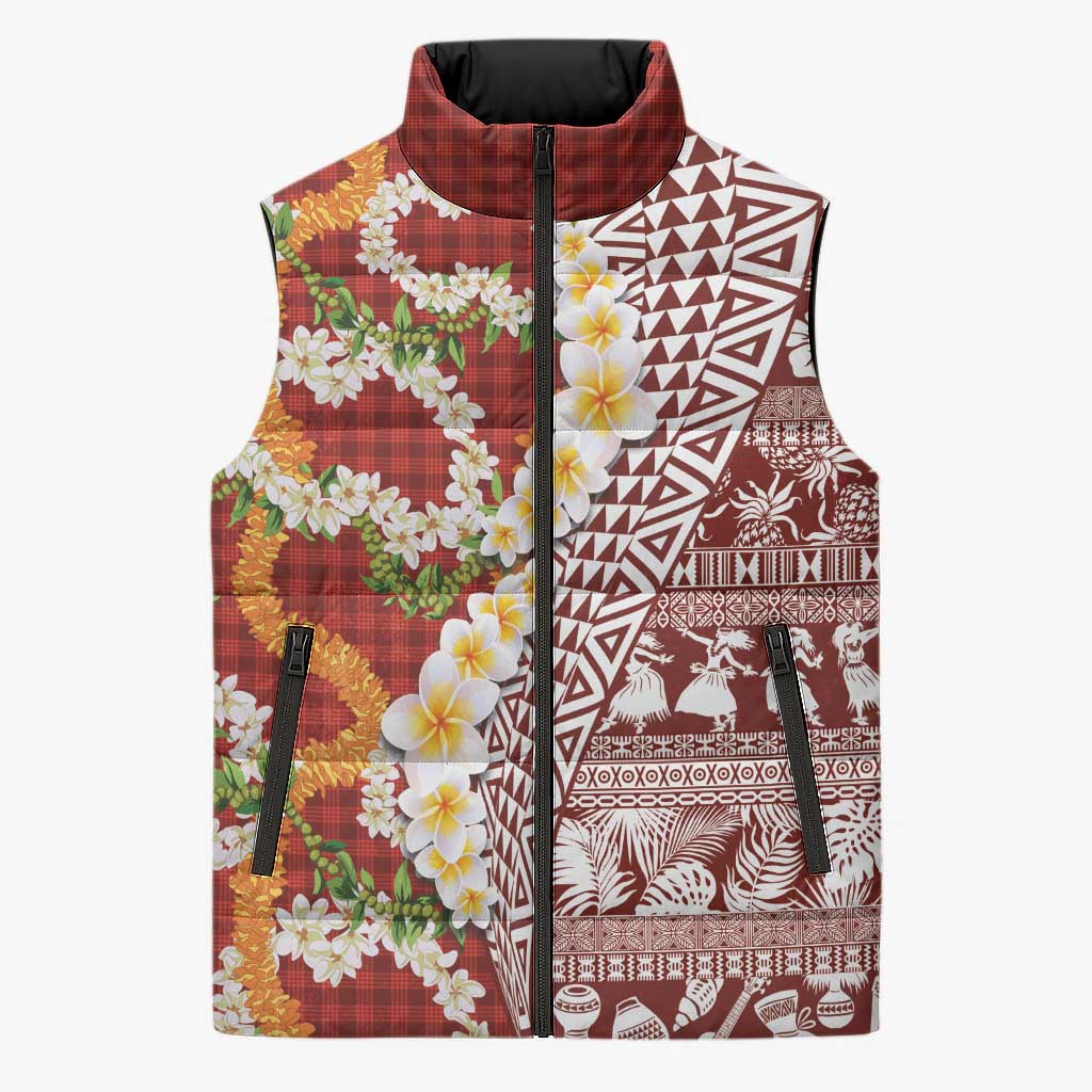 Hawaiian Plumeria Lei Sleeveless Puffer Jacket Kakau Motifs and Palaka Half Style Red Color - Polynesian Pride