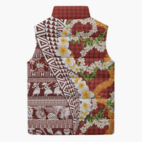 Hawaiian Plumeria Lei Sleeveless Puffer Jacket Kakau Motifs and Palaka Half Style Red Color - Polynesian Pride