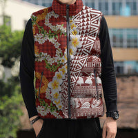 Hawaiian Plumeria Lei Sleeveless Puffer Jacket Kakau Motifs and Palaka Half Style Red Color - Polynesian Pride