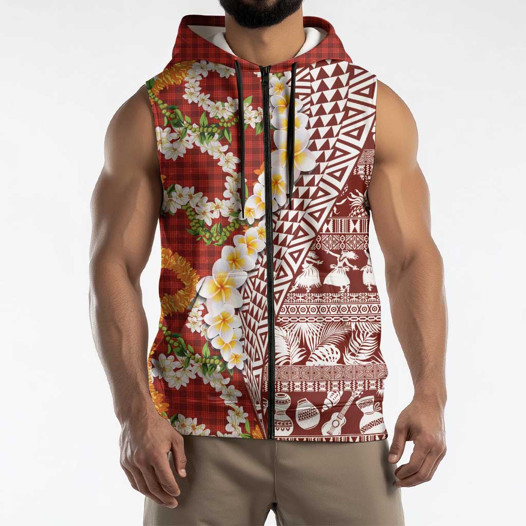 Hawaiian Plumeria Lei Sleeveless Zip Hoodie Kakau Motifs and Palaka Half Style Red Color - Polynesian Pride