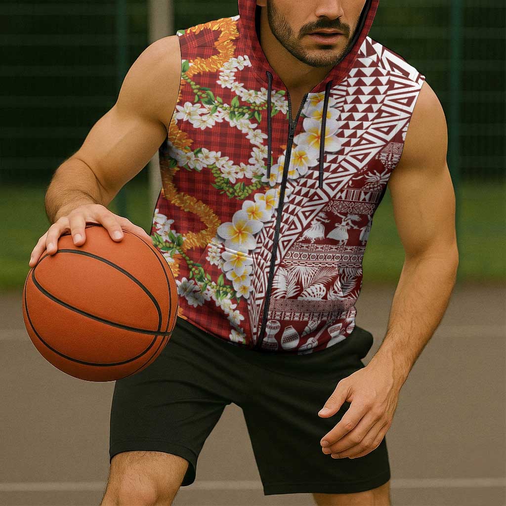 Hawaiian Plumeria Lei Sleeveless Zip Hoodie Kakau Motifs and Palaka Half Style Red Color - Polynesian Pride
