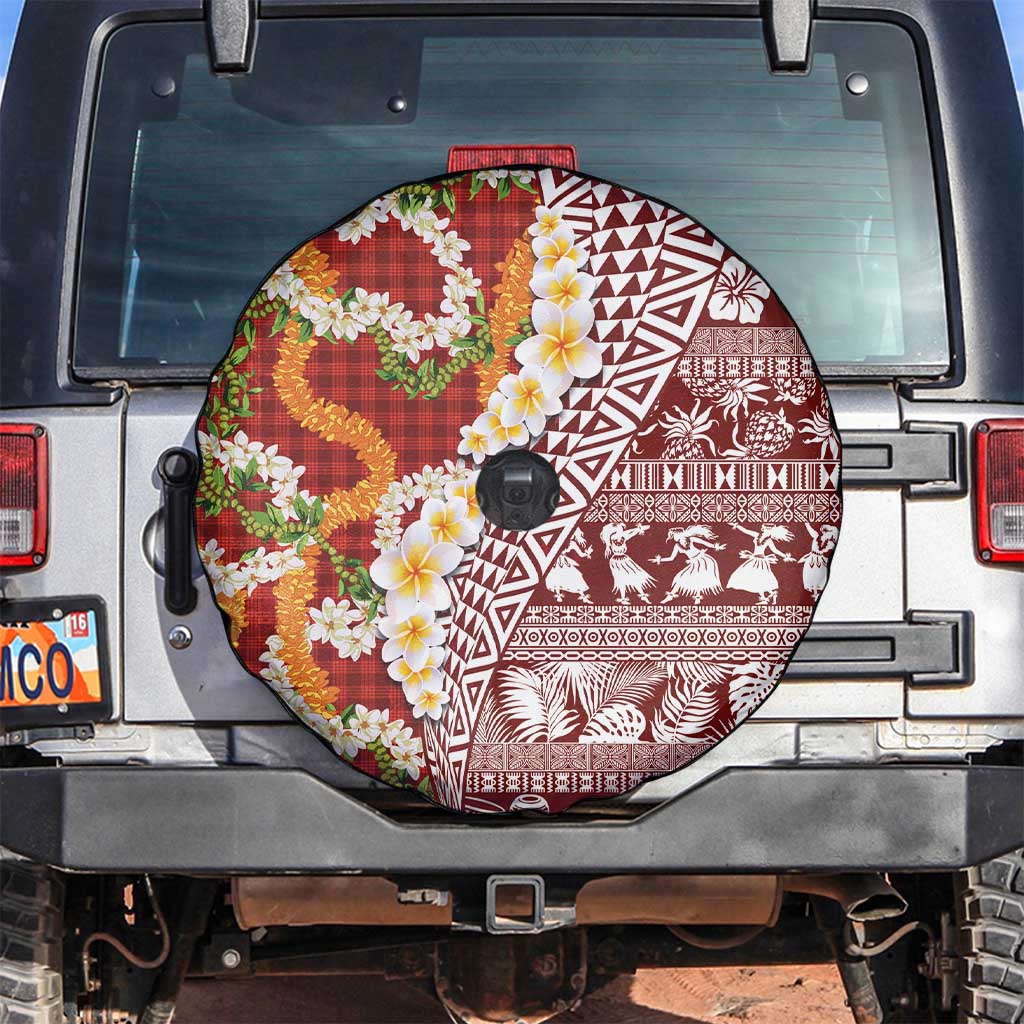 Hawaiian Plumeria Lei Spare Tire Cover Kakau Motifs and Palaka Half Style Red Color - Polynesian Pride