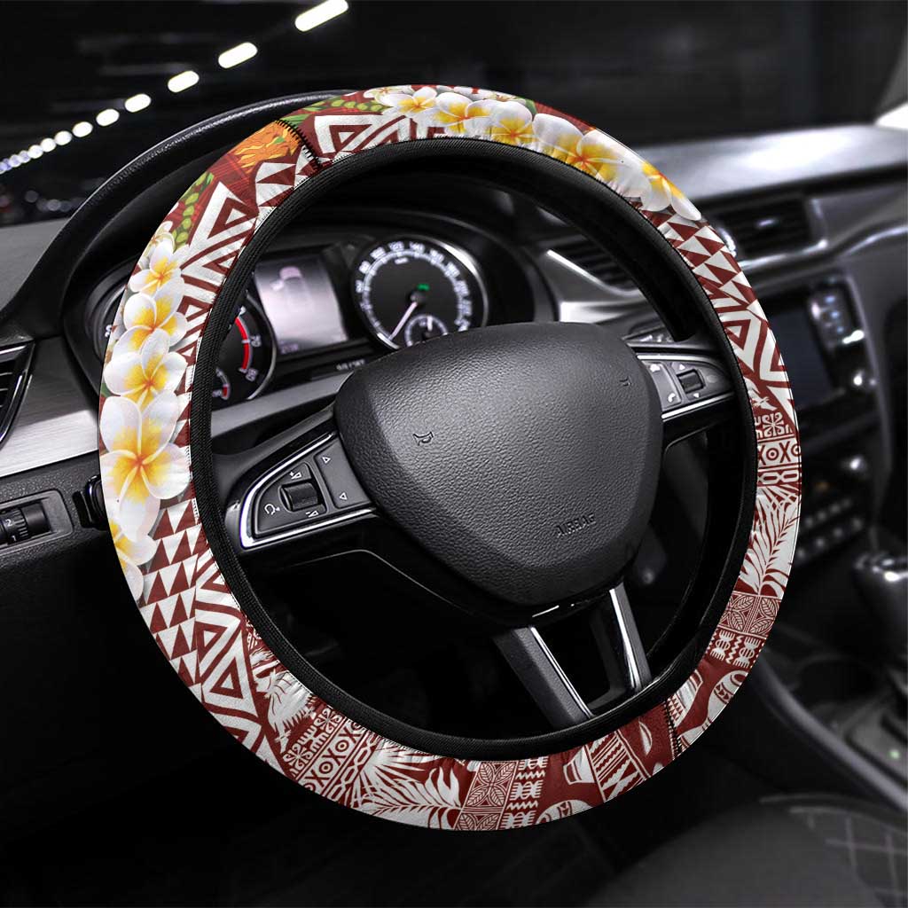 Hawaiian Plumeria Lei Steering Wheel Cover Kakau Motifs and Palaka Half Style Red Color - Polynesian Pride
