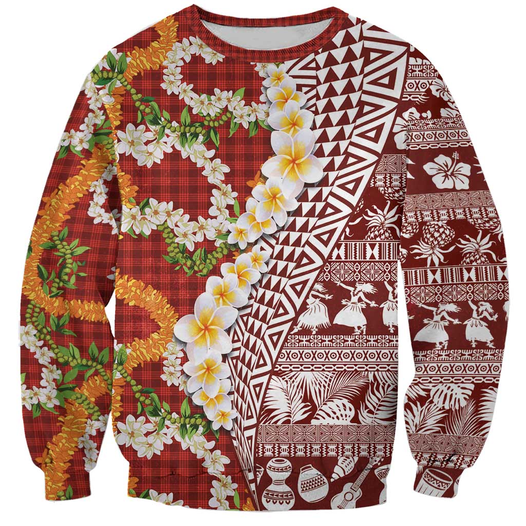 Hawaiian Plumeria Lei Sweatshirt Kakau Motifs and Palaka Half Style Red Color - Polynesian Pride
