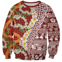 Hawaiian Plumeria Lei Sweatshirt Kakau Motifs and Palaka Half Style Red Color - Polynesian Pride