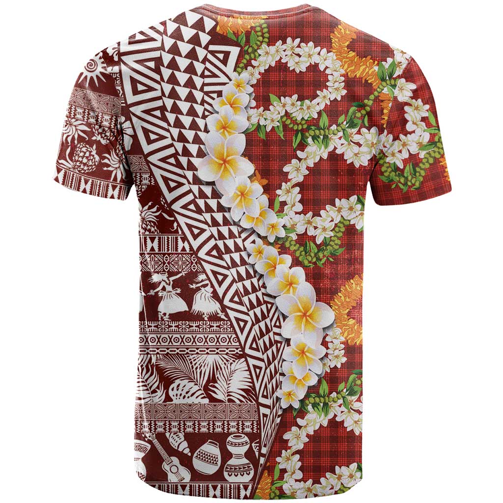 Hawaiian Plumeria Lei T Shirt Kakau Motifs and Palaka Half Style Red Color - Polynesian Pride