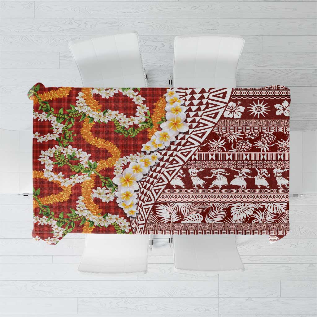 Hawaiian Plumeria Lei Tablecloth Kakau Motifs and Palaka Half Style Red Color - Polynesian Pride