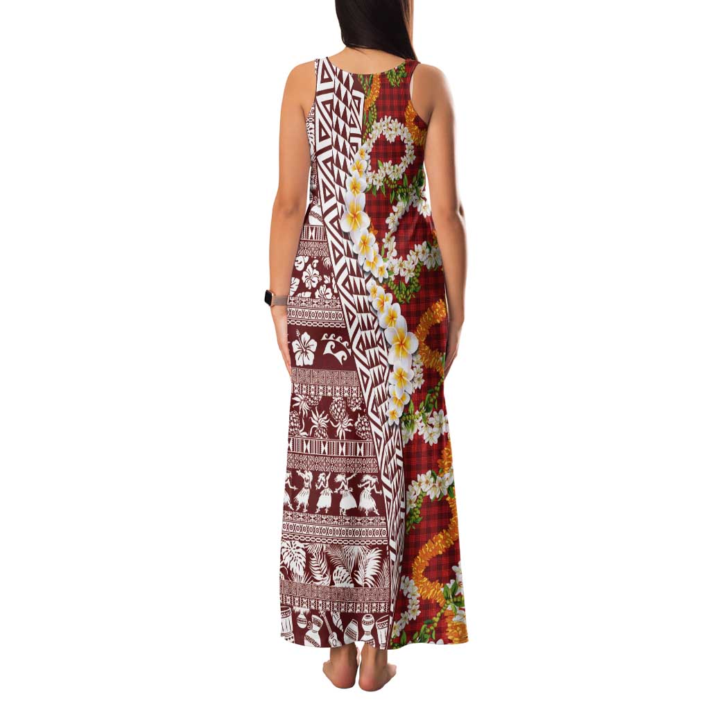 Hawaiian Plumeria Lei Tank Maxi Dress Kakau Motifs and Palaka Half Style Red Color - Polynesian Pride