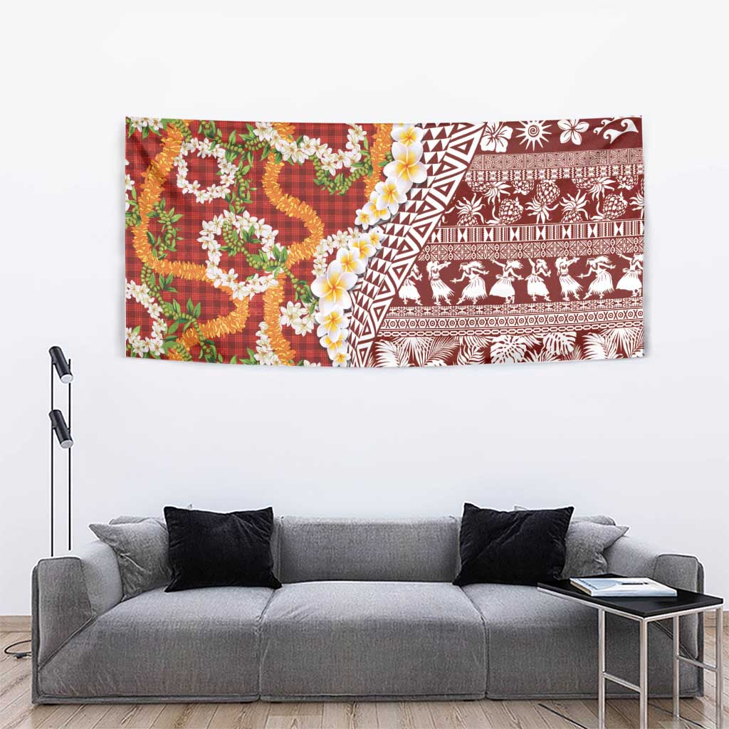 Hawaiian Plumeria Lei Tapestry Kakau Motifs and Palaka Half Style Red Color - Polynesian Pride