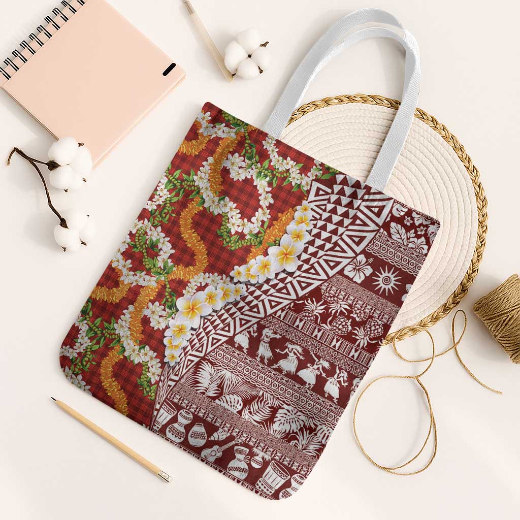 Hawaiian Plumeria Lei Tote Bag Kakau Motifs and Palaka Half Style Red Color - Polynesian Pride