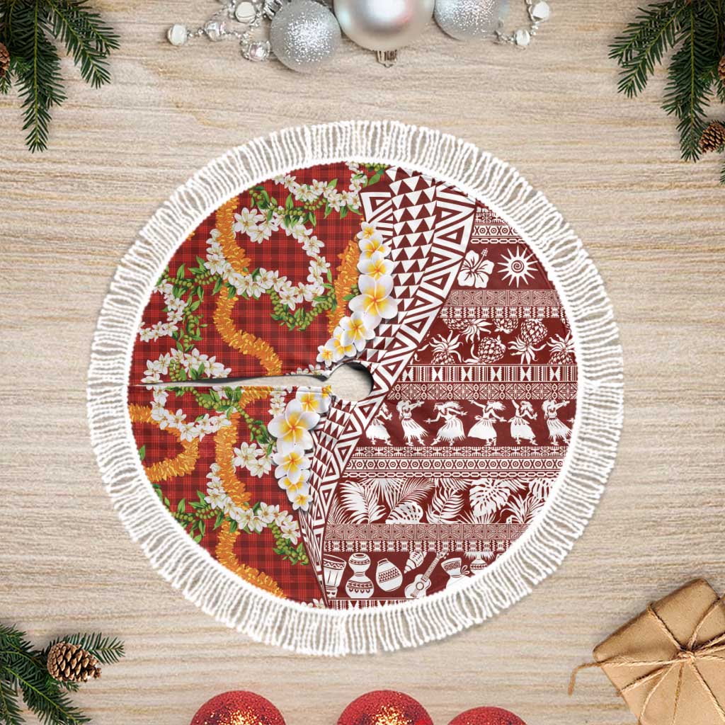 Hawaiian Plumeria Lei Tree Skirt Kakau Motifs and Palaka Half Style Red Color - Polynesian Pride