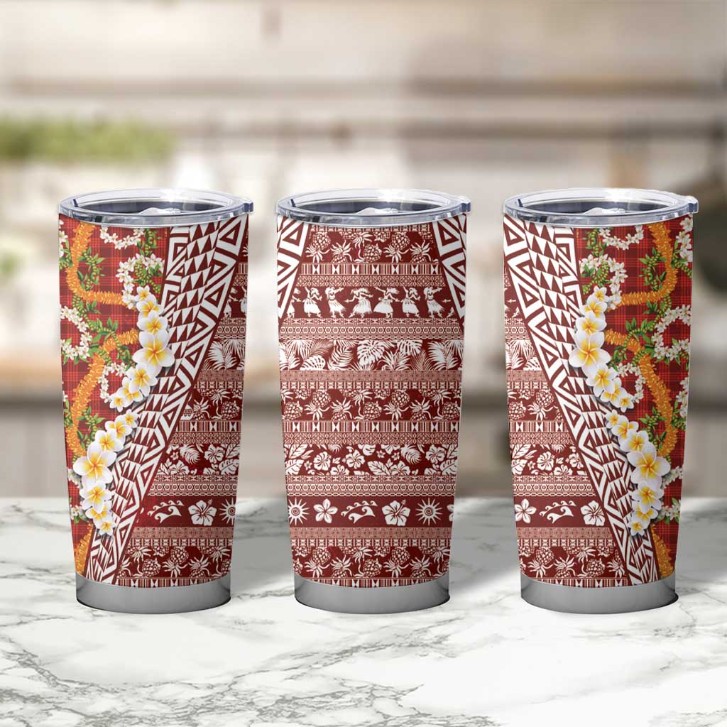 Hawaiian Plumeria Lei Tumbler Cup Kakau Motifs and Palaka Half Style Red Color - Polynesian Pride
