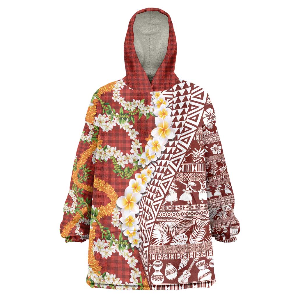 Hawaiian Plumeria Lei Wearable Blanket Hoodie Kakau Motifs and Palaka Half Style Red Color - Polynesian Pride