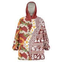Hawaiian Plumeria Lei Wearable Blanket Hoodie Kakau Motifs and Palaka Half Style Red Color - Polynesian Pride