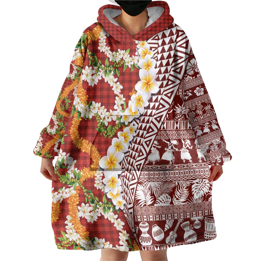 Hawaiian Plumeria Lei Wearable Blanket Hoodie Kakau Motifs and Palaka Half Style Red Color - Polynesian Pride